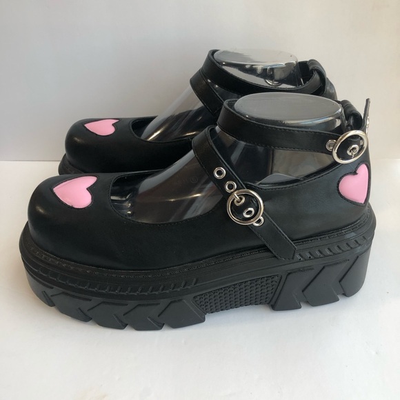 NASTY GAL Pink Heart Chunky Platform Mary Jane Emo Whimsygoth Creepers Size 6 - Picture 8 of 15